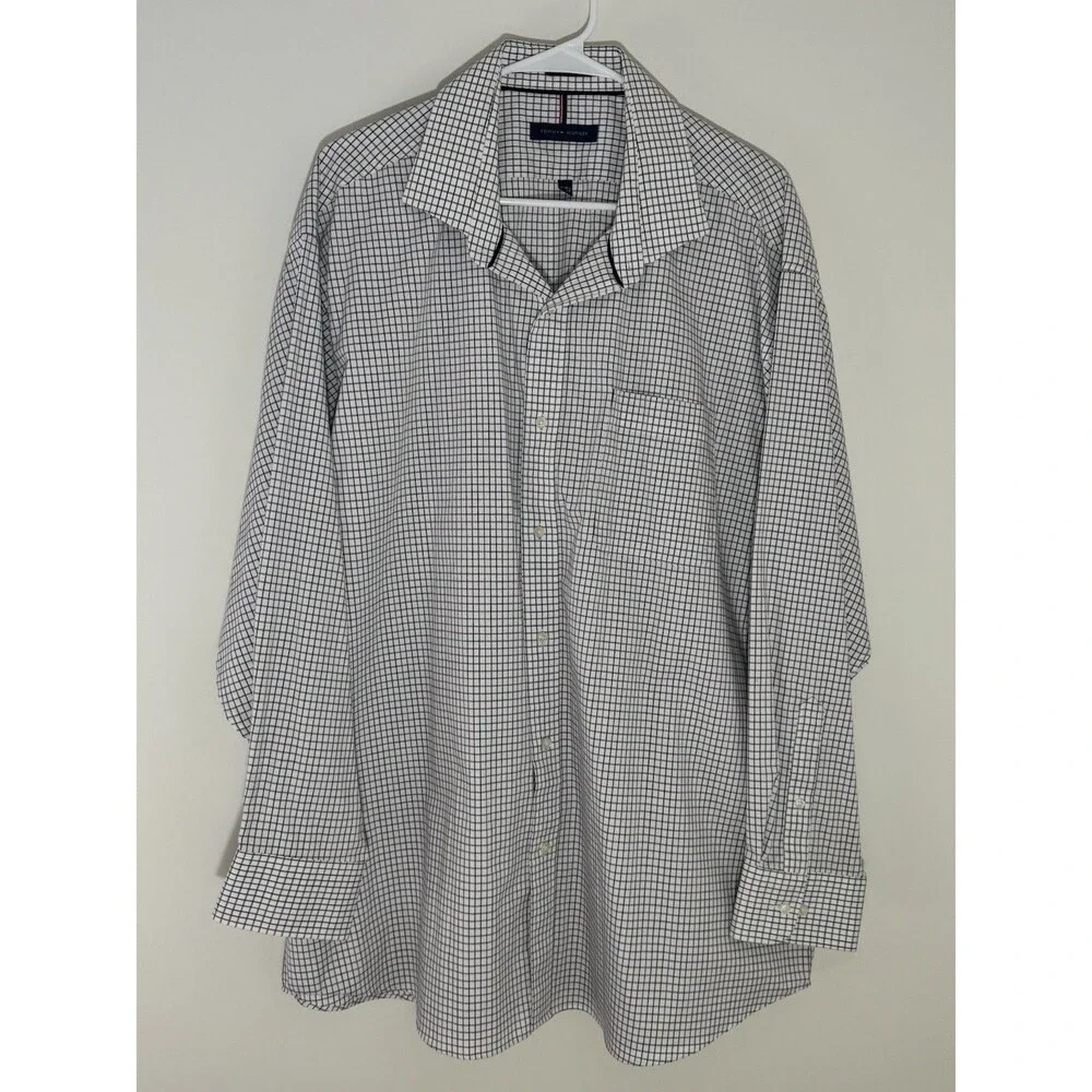 Tommy Hilfiger Men's 2XL White Checkered Long Sleeve Button Down Dress Shirt